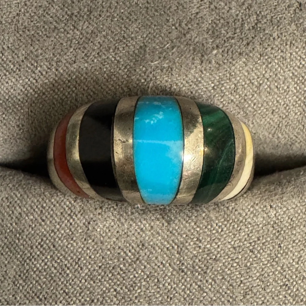 Heavy Vintage Southwestern Sterling Silver Channel Inlay Ring